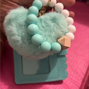 Mint Green and White Fluffy Heart Keychain